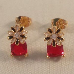 18K Yellow Gold Filled Flower Ruby Red Diamond Zircon Stud Earrings Gorgeous